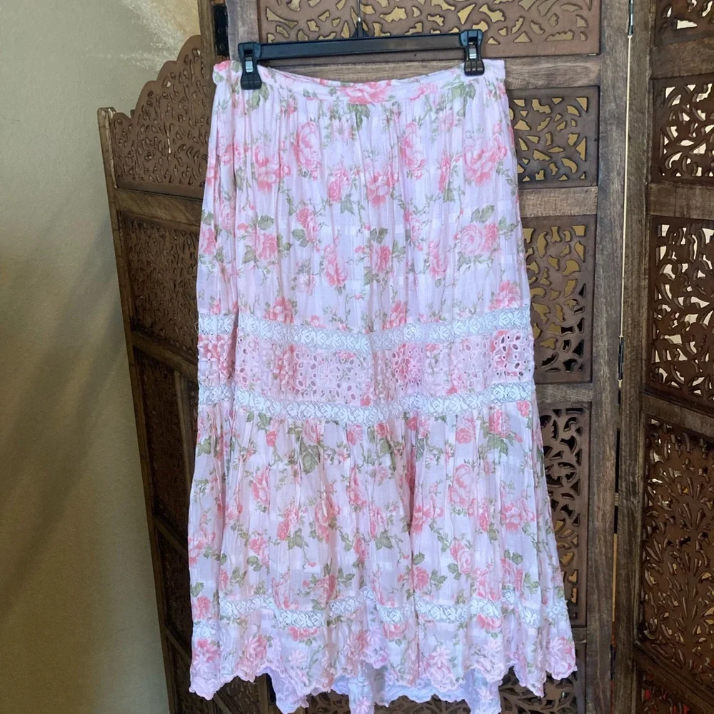 LoveShackFancy Pink Floral Maxi Skirt